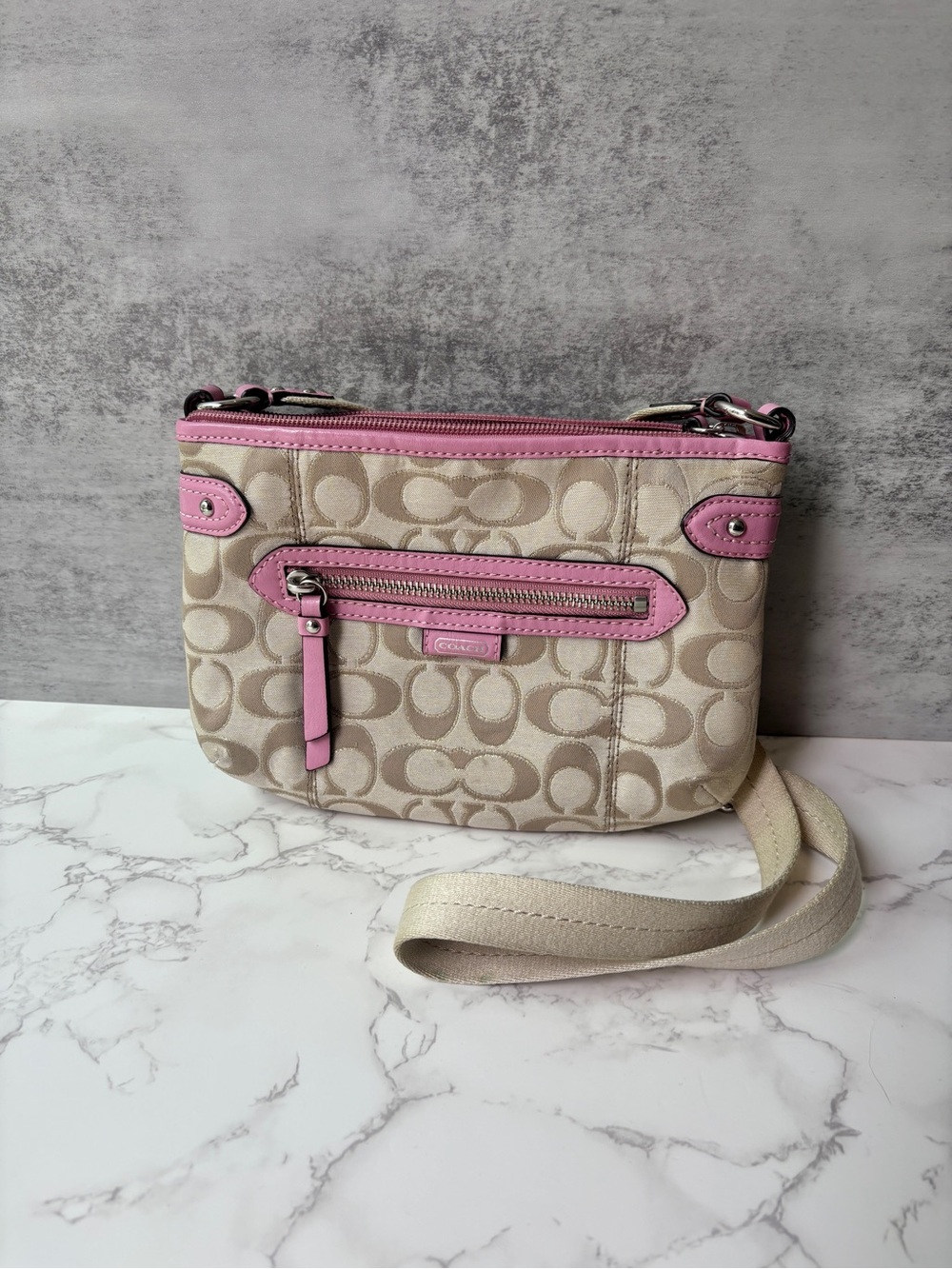Coach Beige Signature Canvas Crossbody with Pink Trim